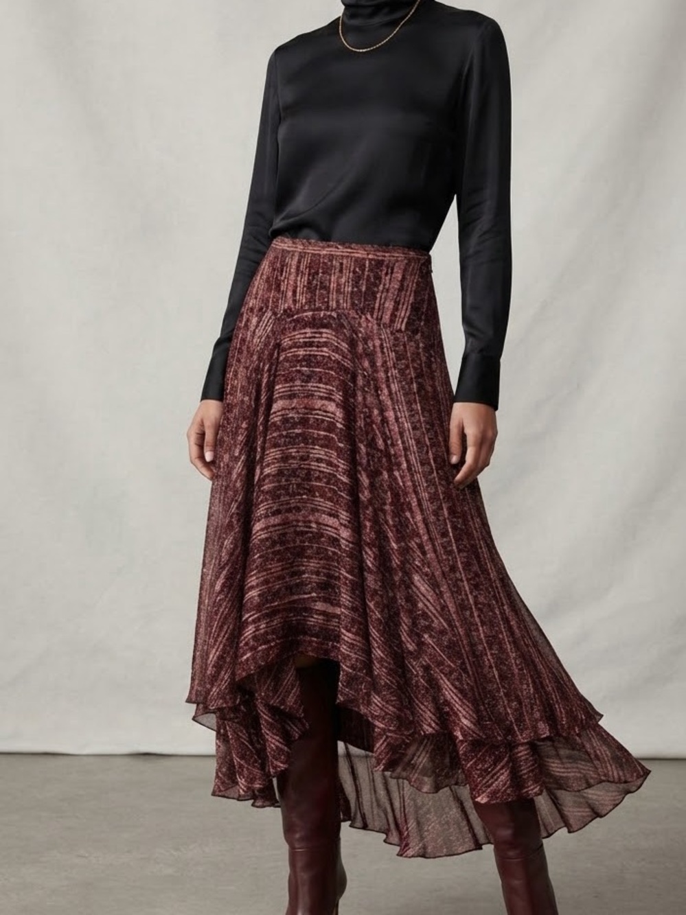 Zara Metallic Burgundy High-Low Ruffle Skirt